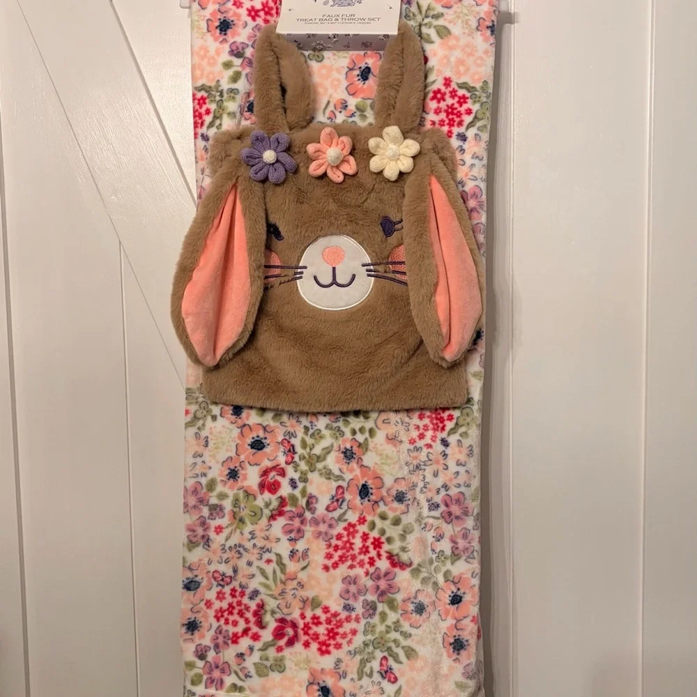 Easter Bunny Plush Bag and Floral Fleece Blanket Throw Gift Set Spring